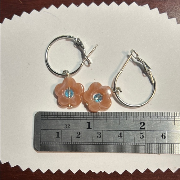 Silver Hoop Earrings with Peach Flower Charms - Picture 2 of 3